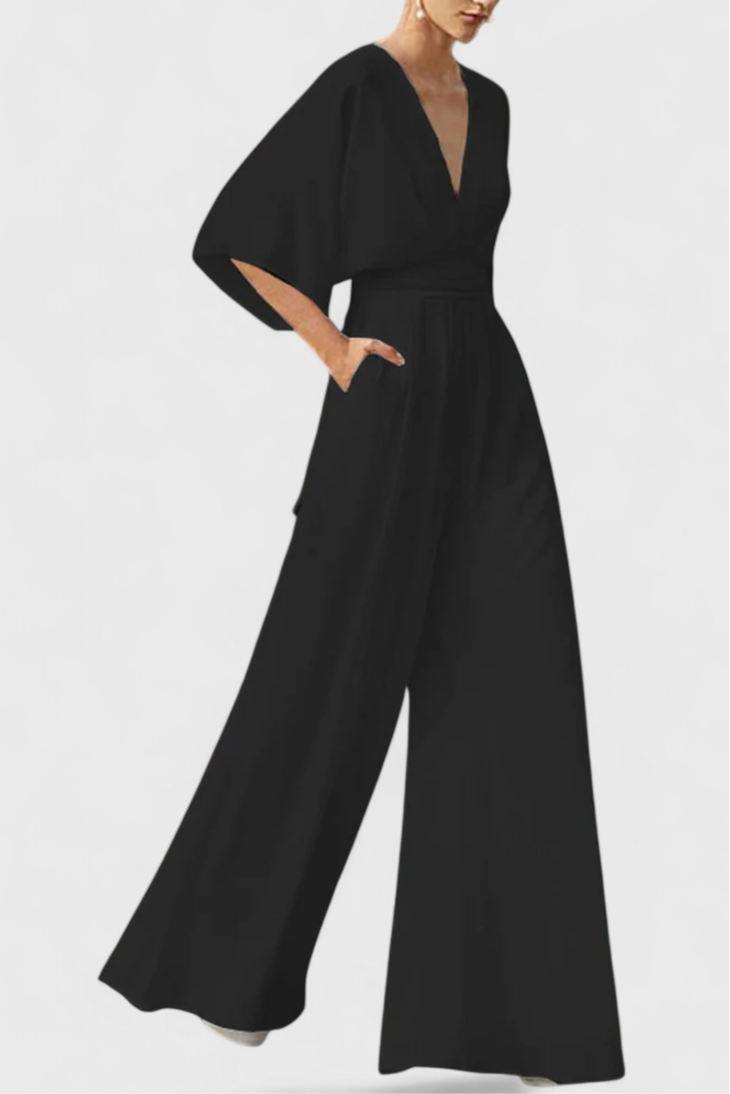 Elegant Long Jumpsuit with Wide Legs and V-Neck