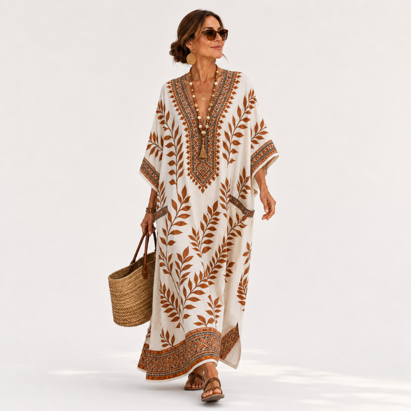 Nora Cream Botanical Caftan