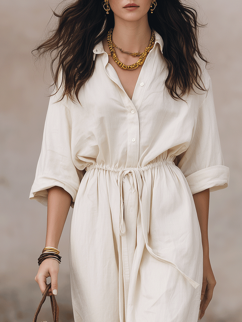 Effortless Bohemian Maxi Shirt Dress with Waist Tie