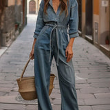Nadia™ | Denim Jumpsuit with Waist Belt and Long Sleeves
