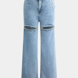Evian Ripped Straight-Leg Jeans with Rhinestones