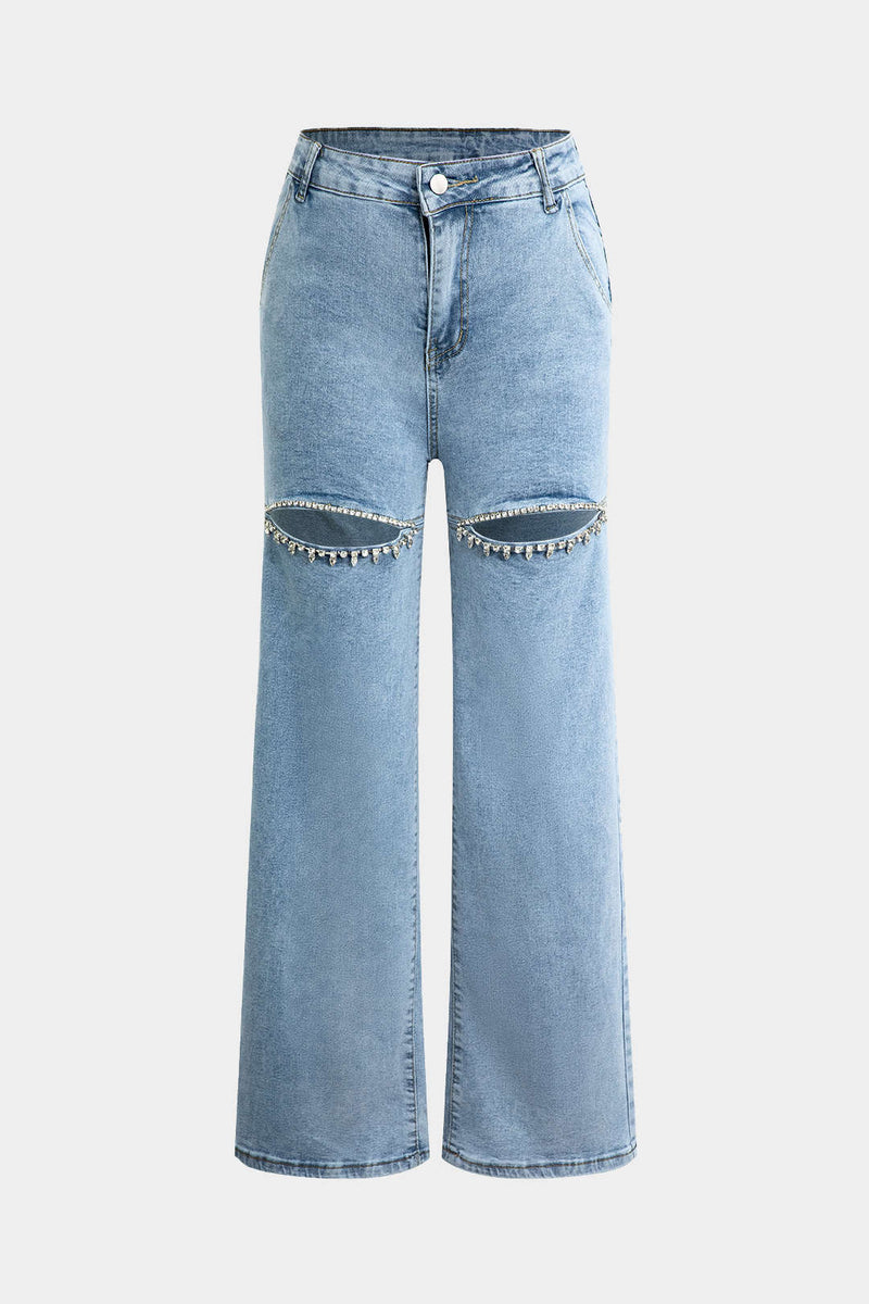 Evian Ripped Straight-Leg Jeans with Rhinestones