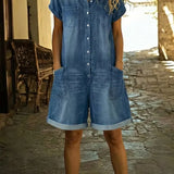 Elvora™ | Denim Jumpsuit with Collar and Short Sleeves