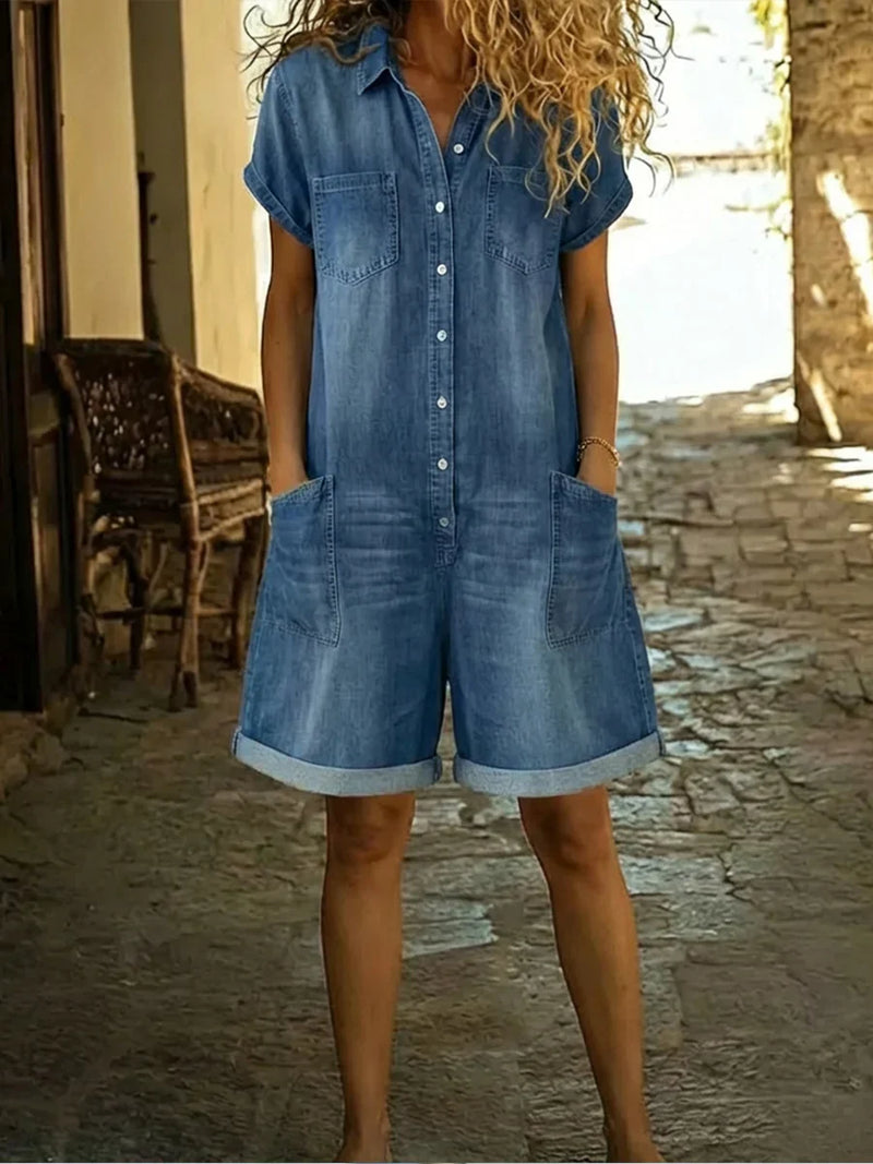 Elvora™ | Denim Jumpsuit with Collar and Short Sleeves