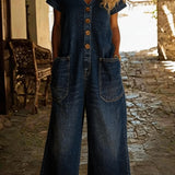 Denise™ | Denim Jumpsuit with V-Neck and Short Sleeves