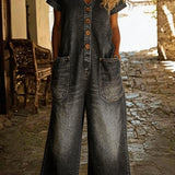 Denise™ | Denim Jumpsuit with V-Neck and Short Sleeves