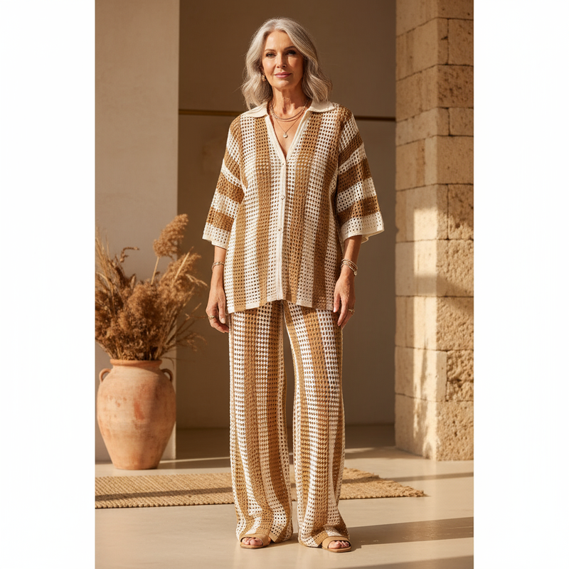 Zenaida™ | Striped Crochet Kimono and Pants Set
