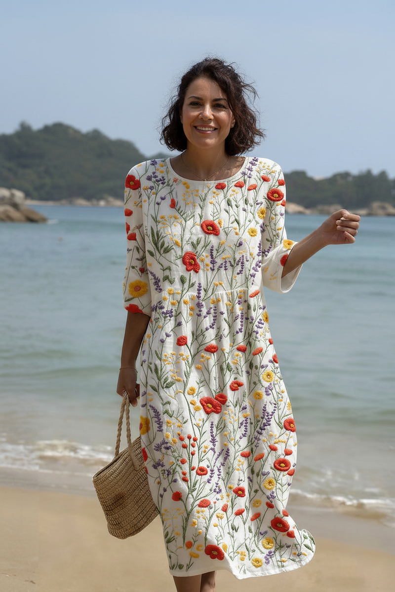 Cristina - Maxi Dress with Round Neck and Floral Embroidery