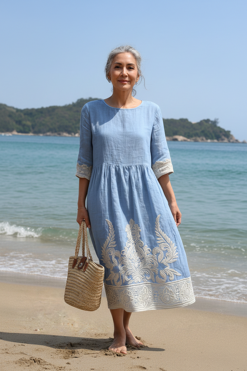 Tereza - Dress with Plant and Flower Embroidery