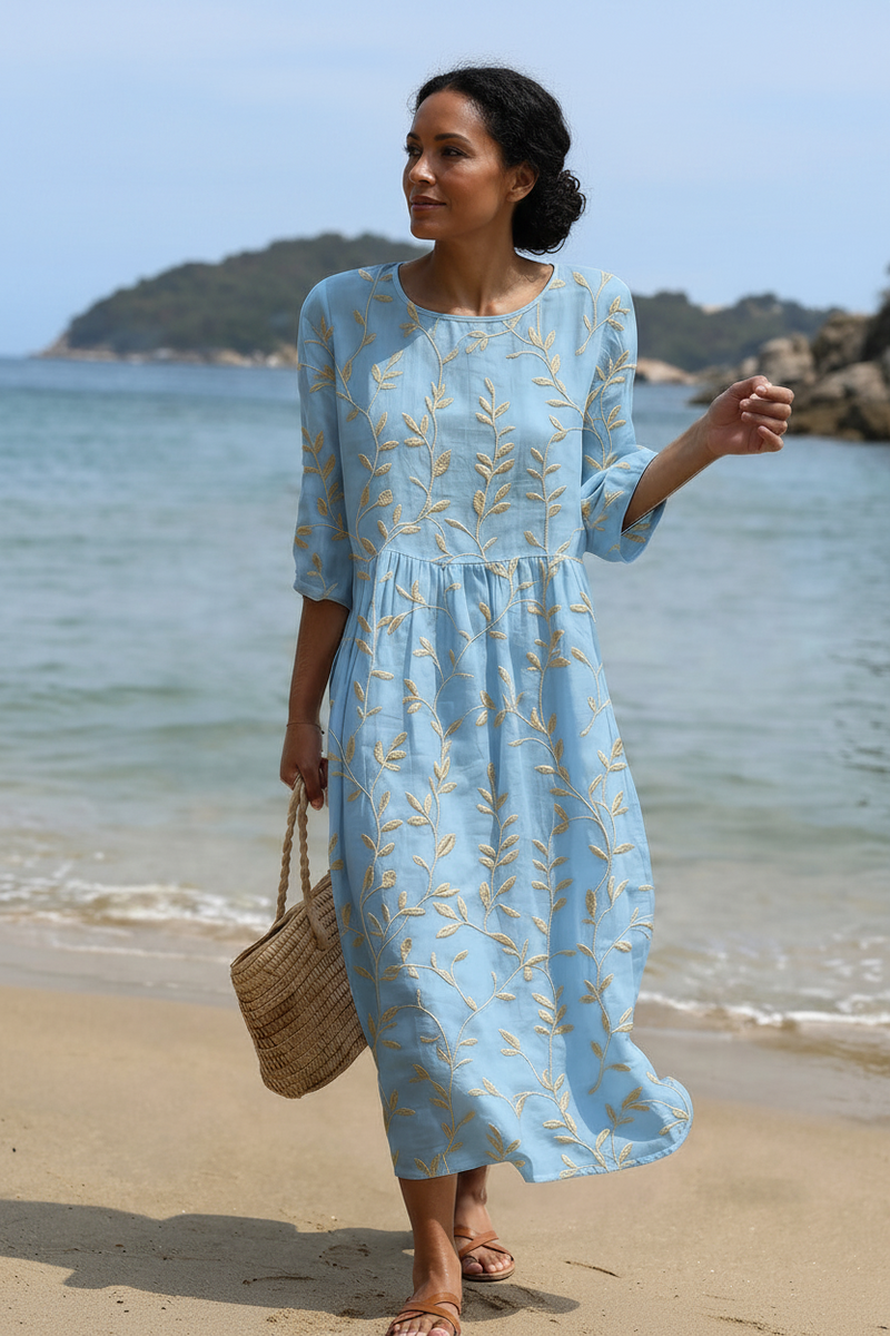 Natalia - Midi Dress with Round Neck and Embroidery