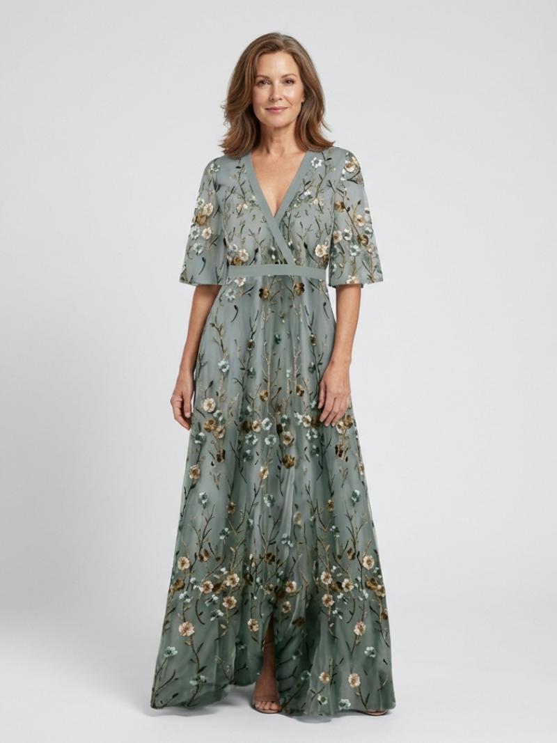 Evadne™ | Short Sleeve Floral Maxi Dress with V-Neck