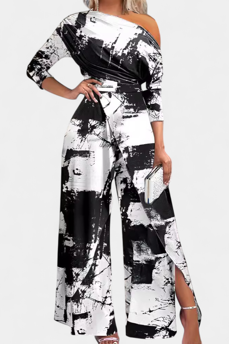 Brina Long Tie Dye Jumpsuit with Off-Shoulder and Wide Leg with Slit