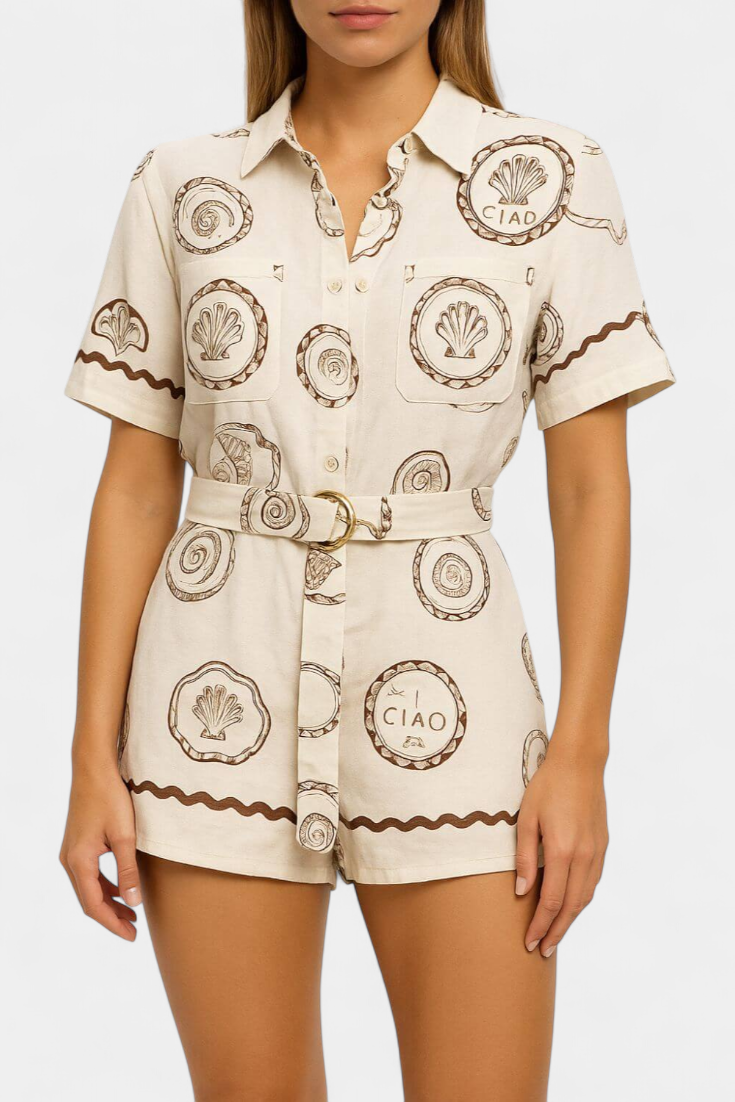 Seashell Mono T-Shirt with Shell and Button Detail