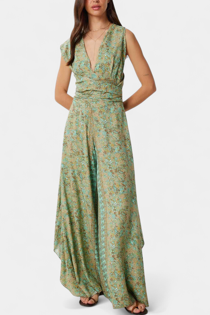 Leandra Cross-Over Fluid Jumpsuit with Green Floral Print