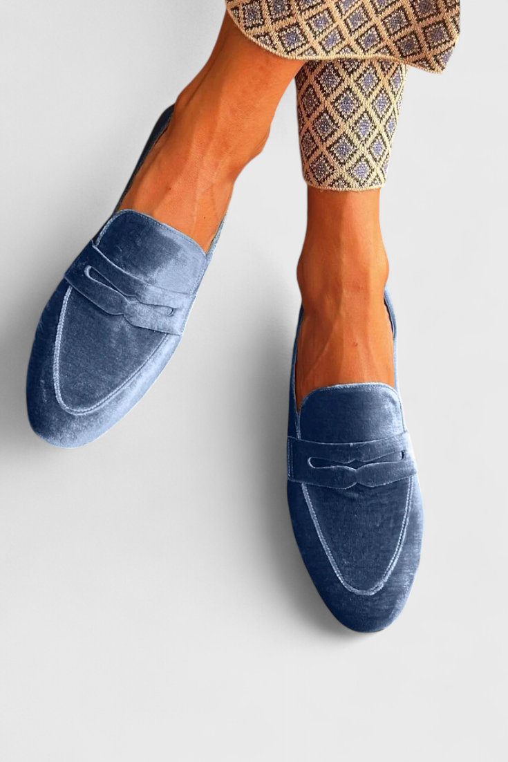 Llnica Velvet Blue Loafers with Patchwork Detail and Round Toe