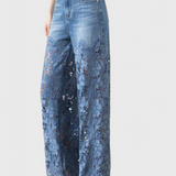 Jasiel Palazzo Lace Denim Pants with Floral Embroidery