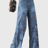 Jasiel Palazzo Lace Denim Pants with Floral Embroidery