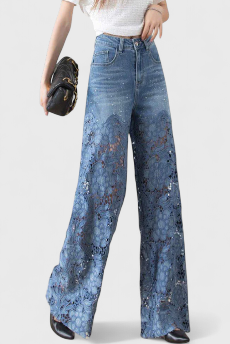 Jasiel Palazzo Lace Denim Pants with Floral Embroidery