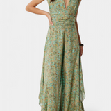 Leandra Cross-Over Fluid Jumpsuit with Green Floral Print