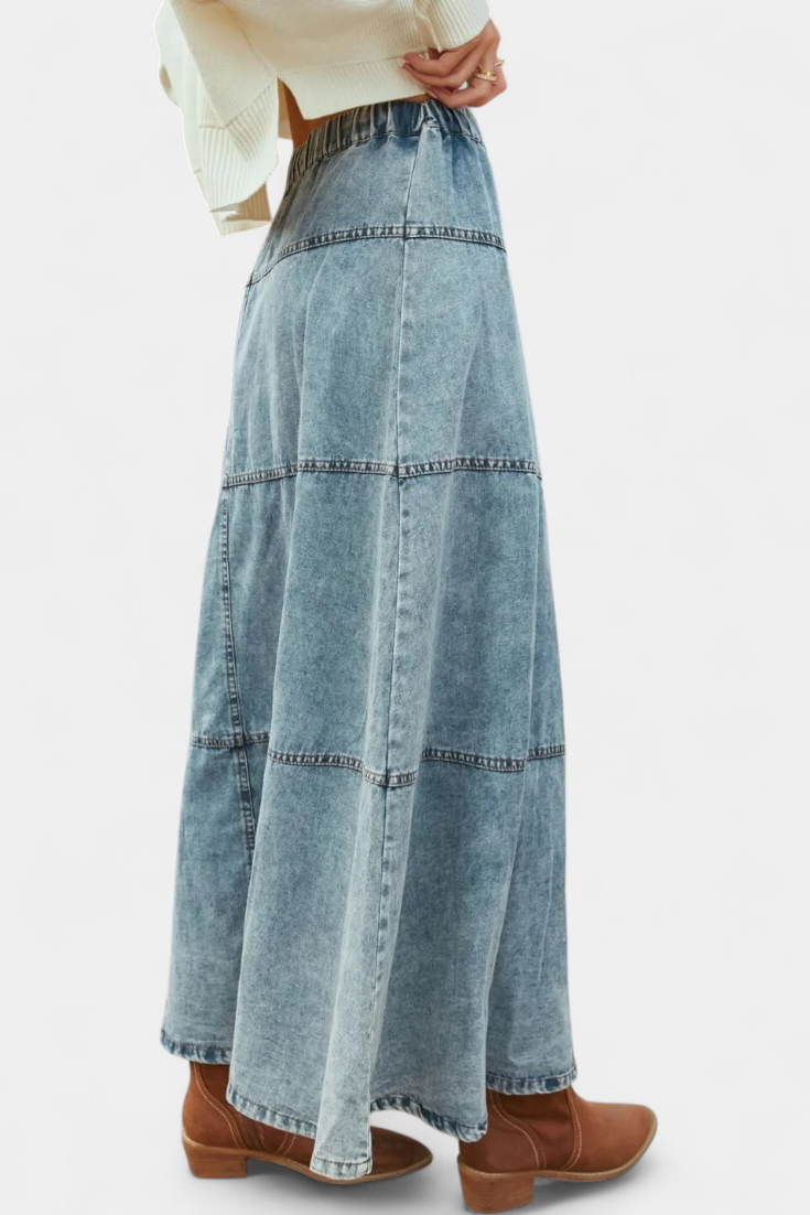 Lorraine Feather Detail Denim Maxi Skirt