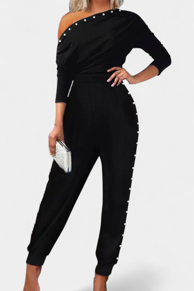 Brina One-Piece Jumpsuit with Off-Shoulder and Pearl Details