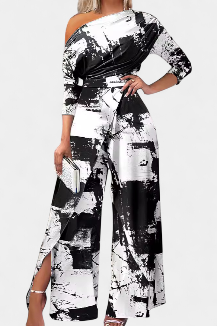 Brina Long Tie Dye Jumpsuit with Off-Shoulder and Wide Leg with Slit