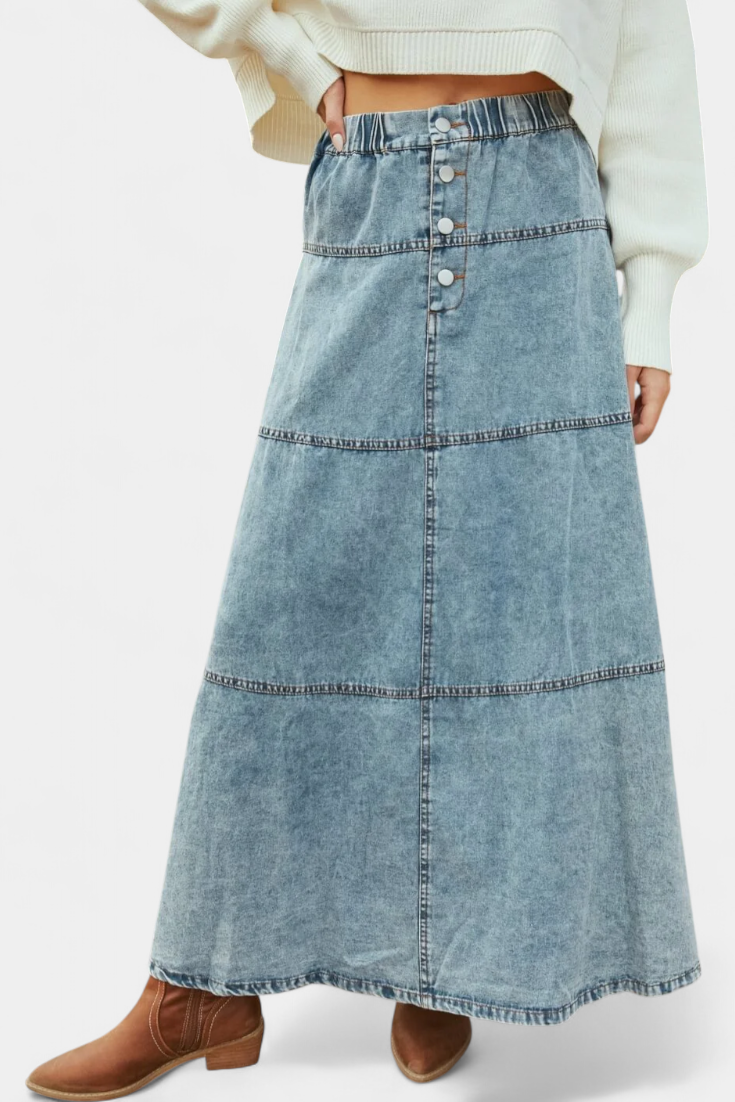 Lorraine Feather Detail Denim Maxi Skirt