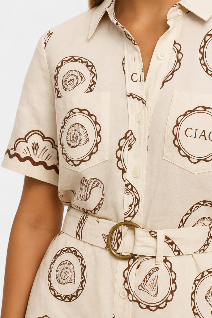 Seashell Mono T-Shirt with Shell and Button Detail