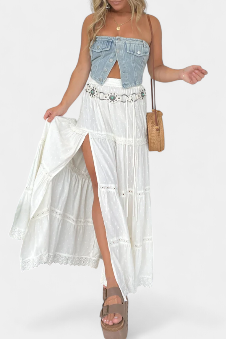 Dola Maxi Boho Skirt with Lace and Front Slit