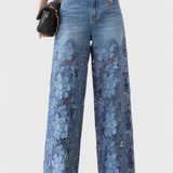 Jasiel Palazzo Lace Denim Pants with Floral Embroidery