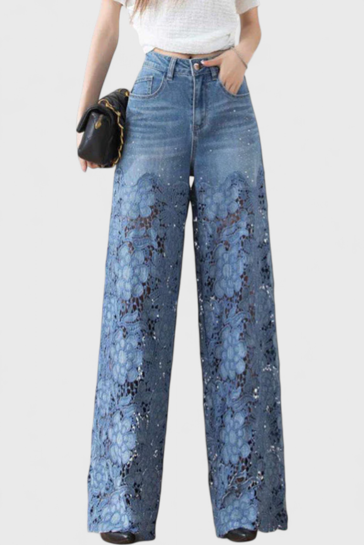 Jasiel Palazzo Lace Denim Pants with Floral Embroidery