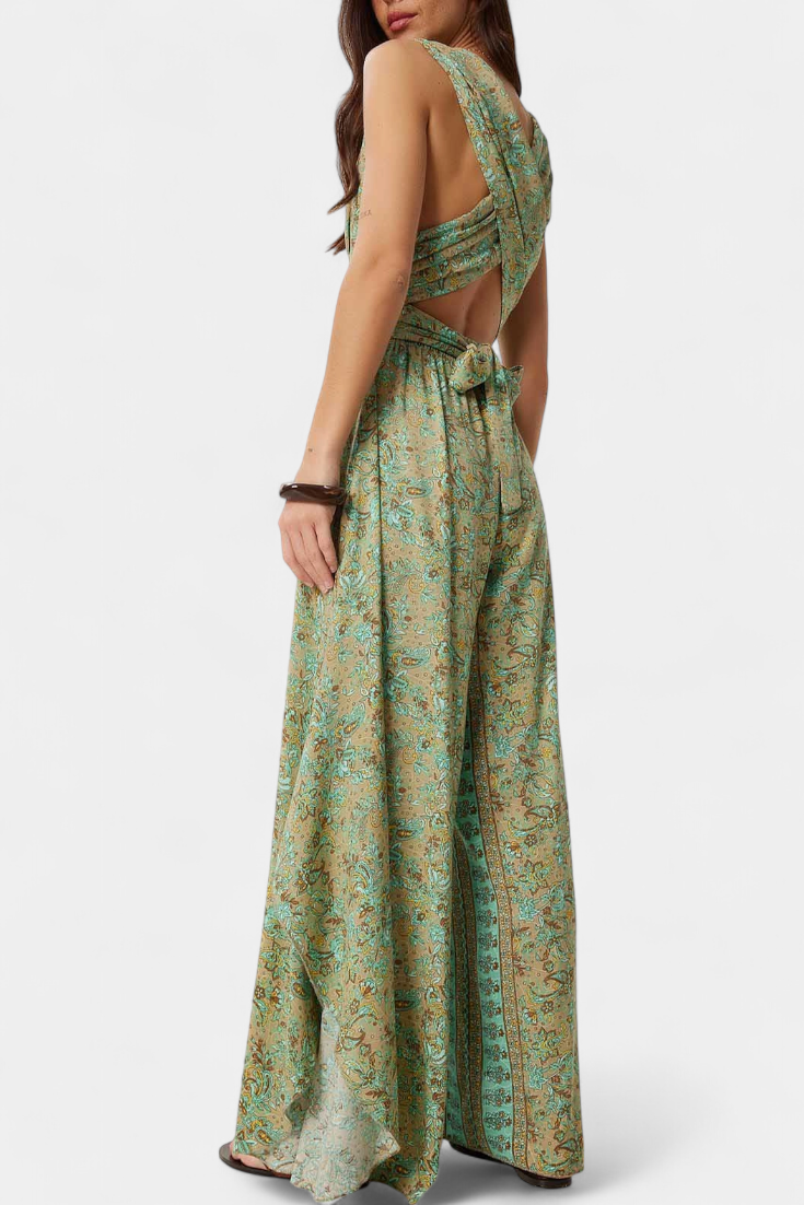 Leandra Cross-Over Fluid Jumpsuit with Green Floral Print