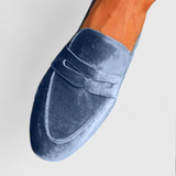 Llnica Velvet Blue Loafers with Patchwork Detail and Round Toe