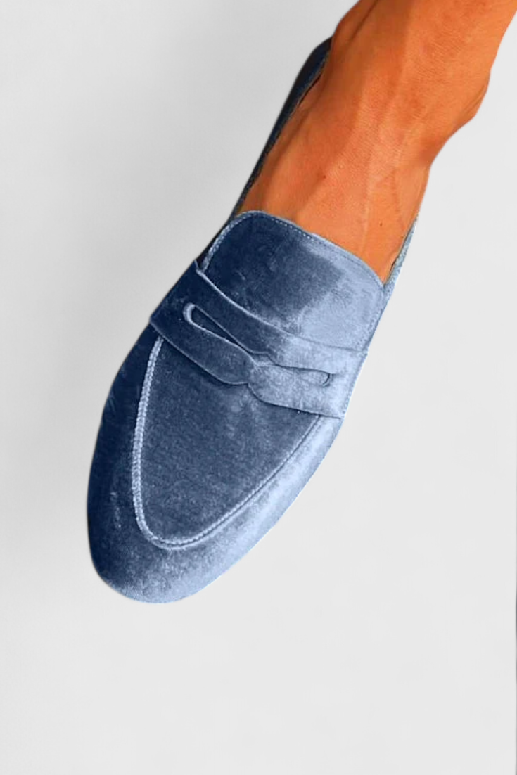 Llnica Velvet Blue Loafers with Patchwork Detail and Round Toe