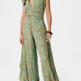 Leandra Cross-Over Fluid Jumpsuit with Green Floral Print