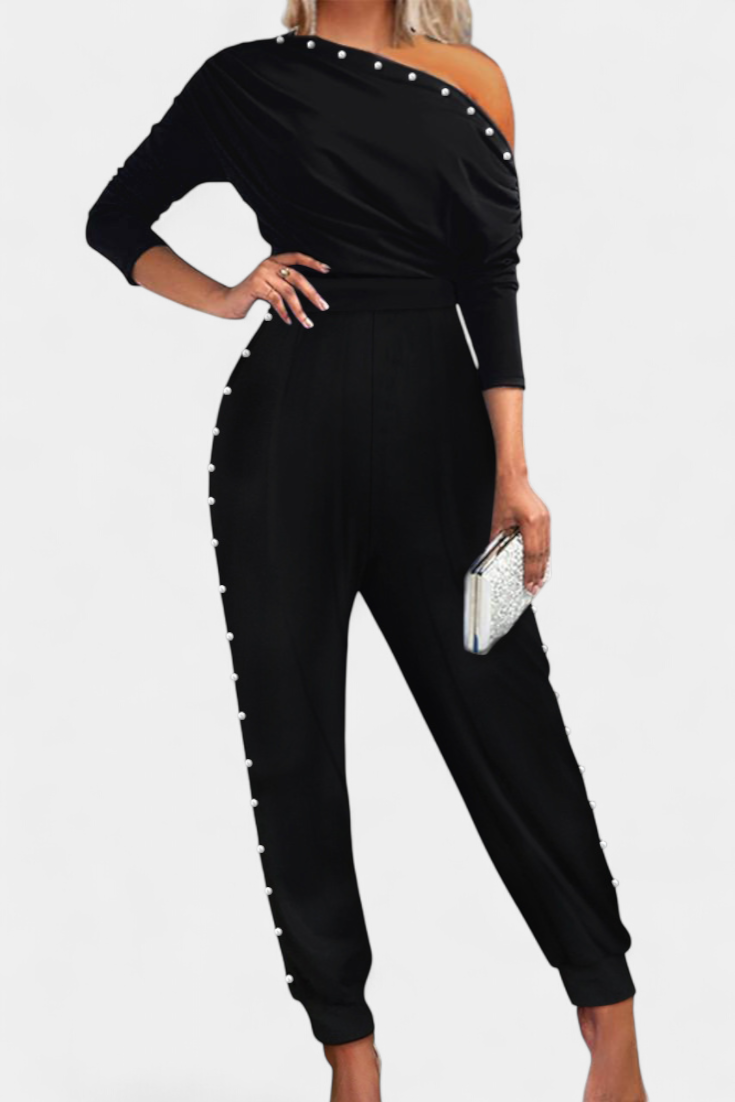 Brina One-Piece Jumpsuit with Off-Shoulder and Pearl Details