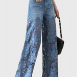 Jasiel Palazzo Lace Denim Pants with Floral Embroidery