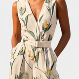 Slara Long Vacation Jumpsuit with V-Neck and Adjustable Belt