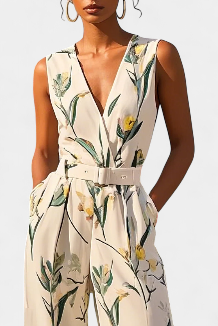Slara Long Vacation Jumpsuit with V-Neck and Adjustable Belt
