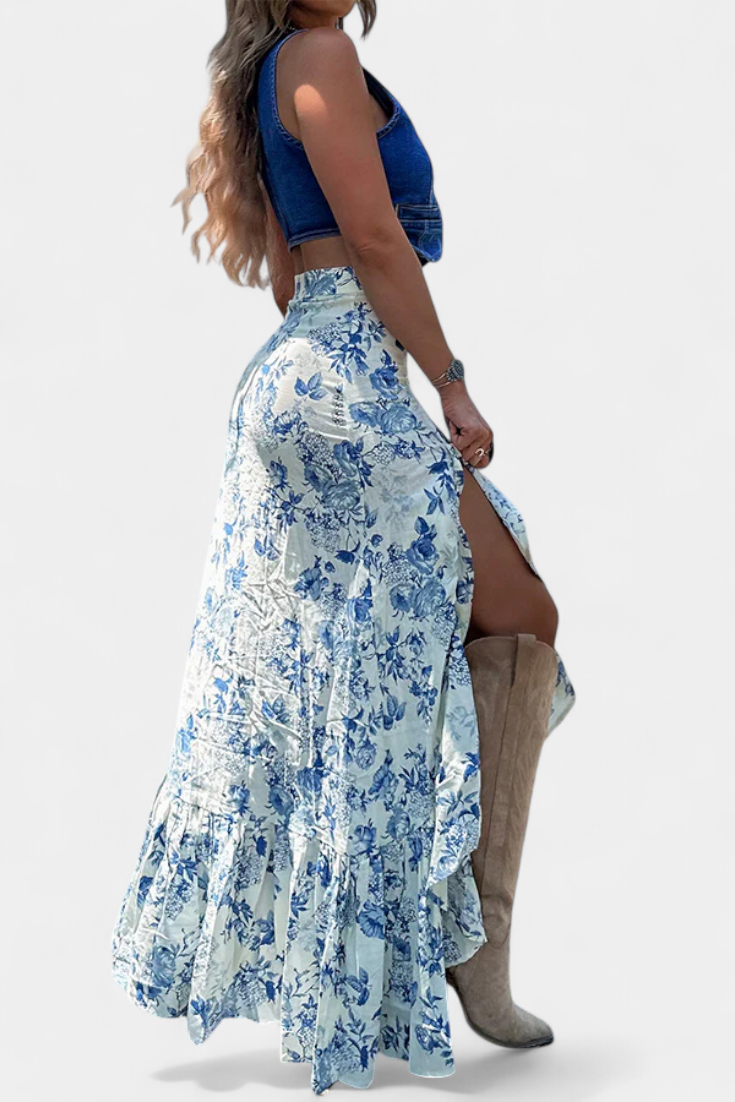 Kala Maxi Floral Skirt with Slit and Ruffles