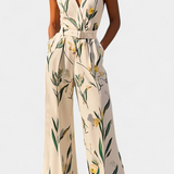 Slara Long Vacation Jumpsuit with V-Neck and Adjustable Belt
