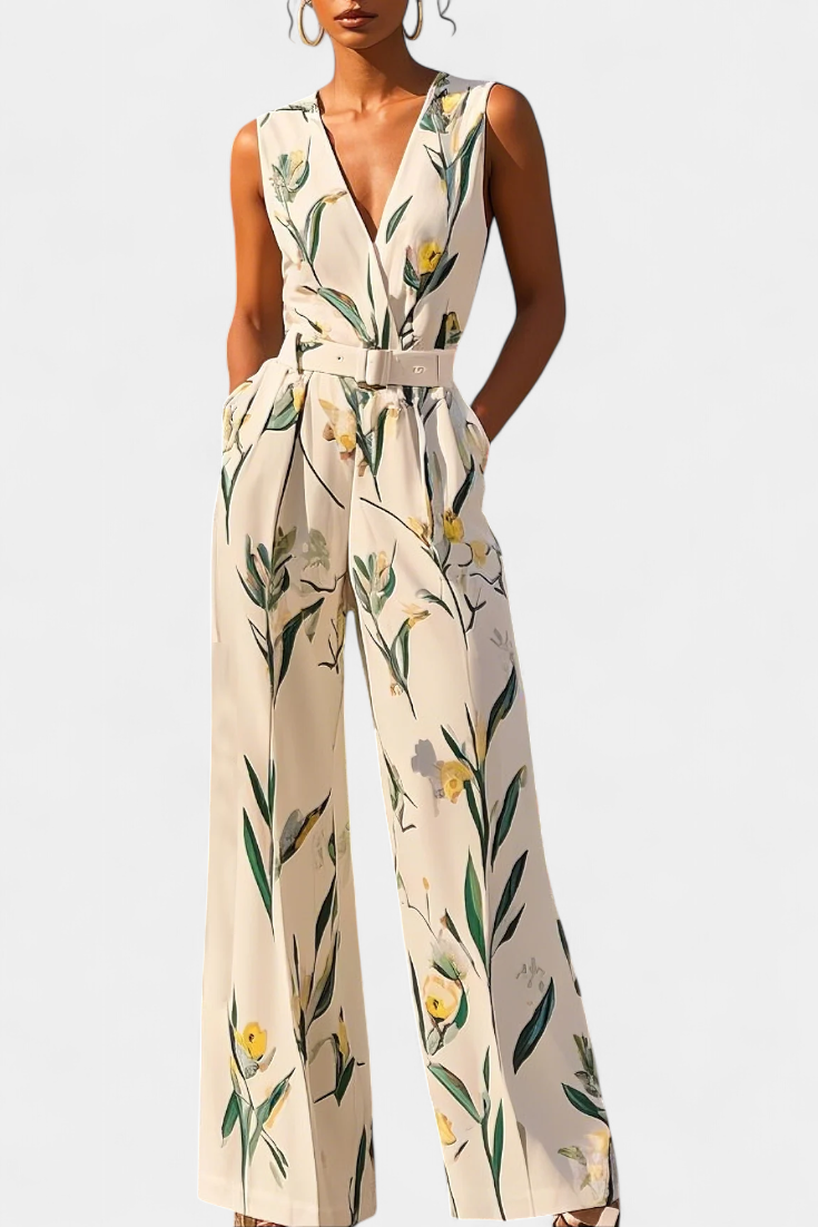 Slara Long Vacation Jumpsuit with V-Neck and Adjustable Belt