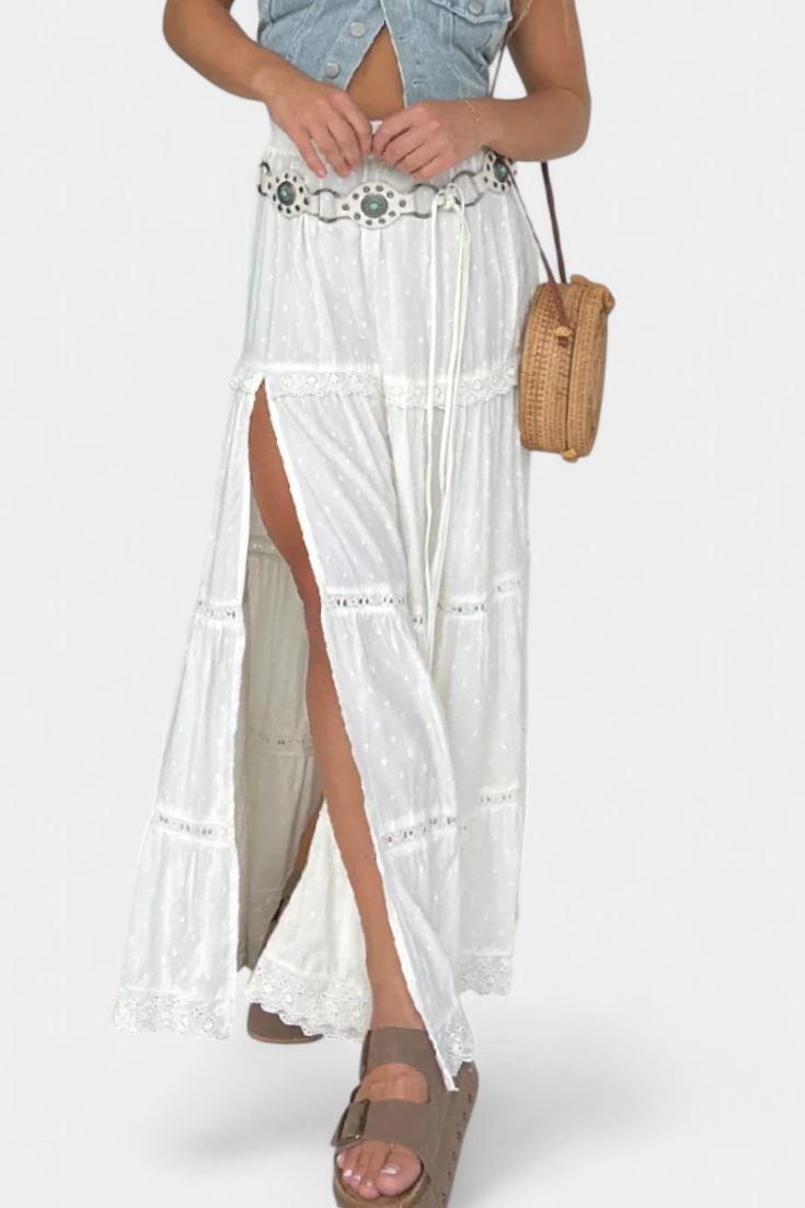 Dola Maxi Boho Skirt with Lace and Front Slit