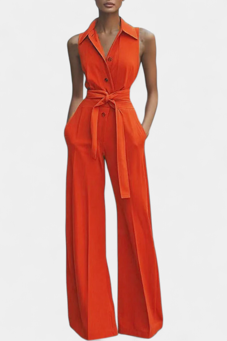Ariella Wide Leg Casual Jumpsuit with Lapel and High Waist