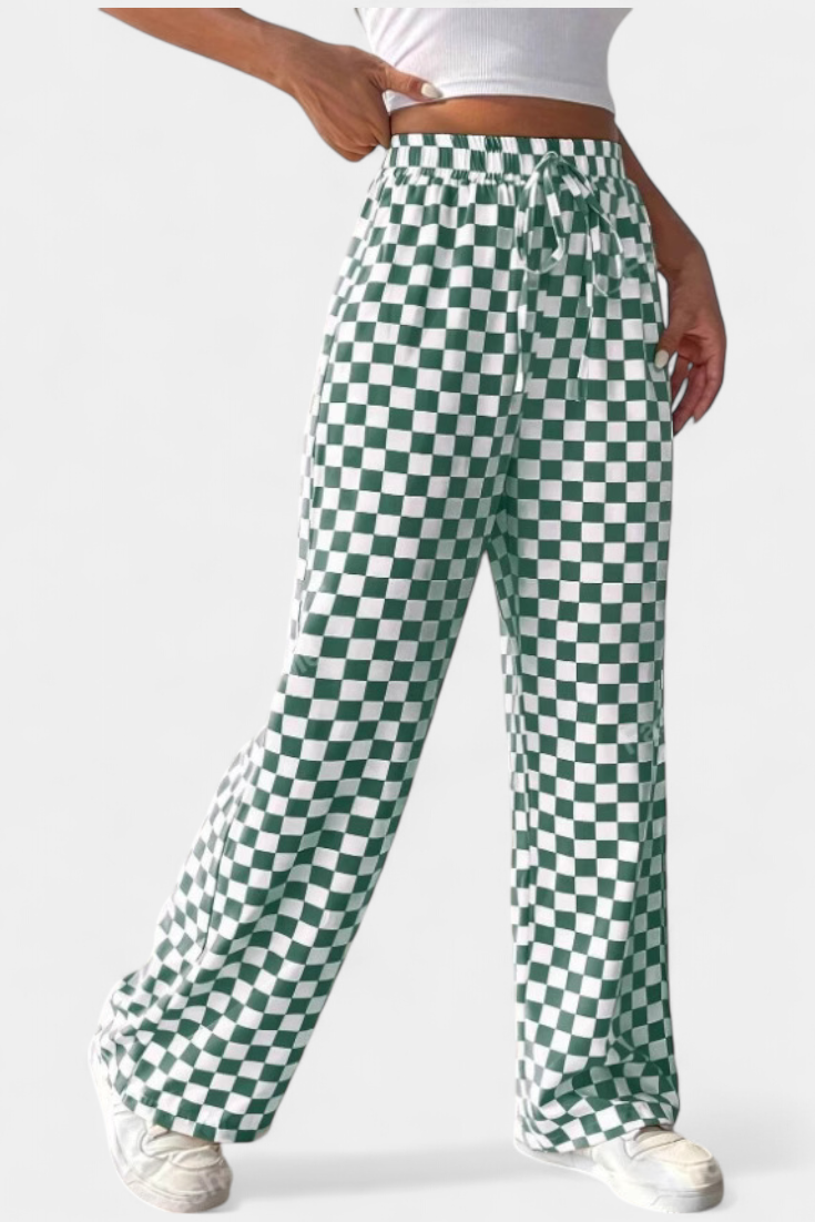 Hilaria Wide Leg Pants with Plaid Print