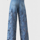 Jasiel Palazzo Lace Denim Pants with Floral Embroidery