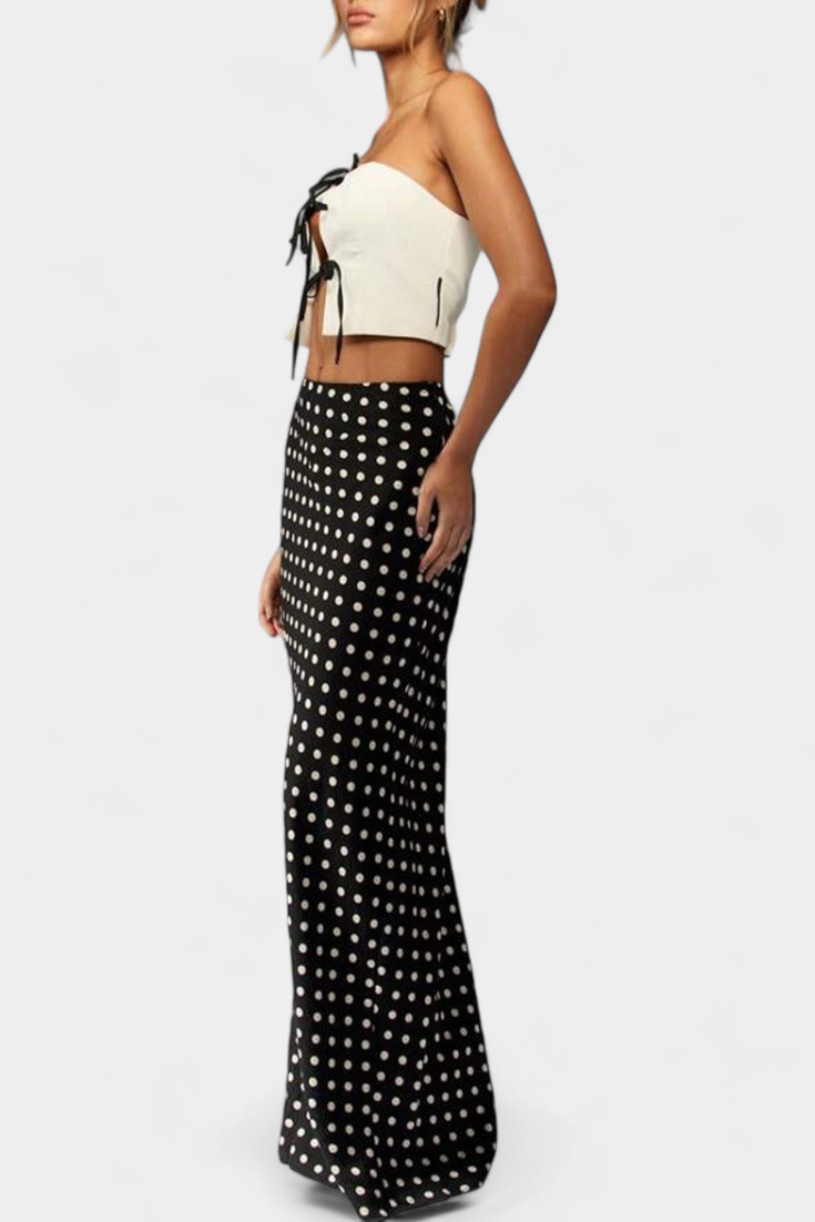 Olda Fitted Long Viscose Skirt with Polka Dot Print