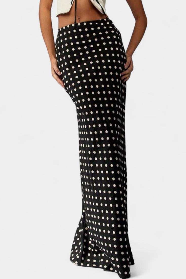 Olda Fitted Long Viscose Skirt with Polka Dot Print
