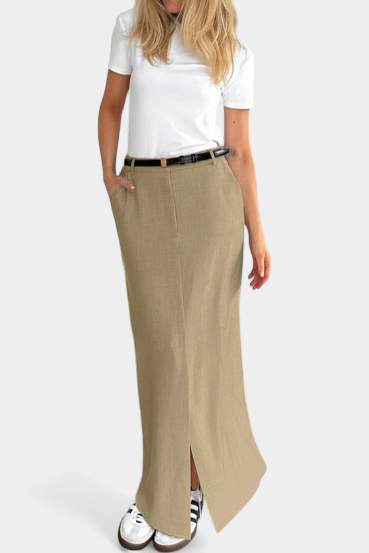 Amani High-Waisted Long Skirt with Front Slit and Straight Cut
