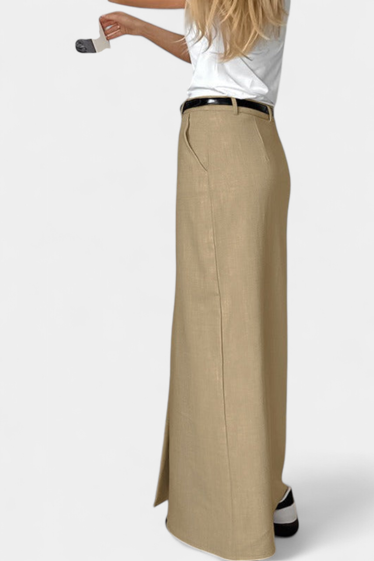 Amani High-Waisted Long Skirt with Front Slit and Straight Cut